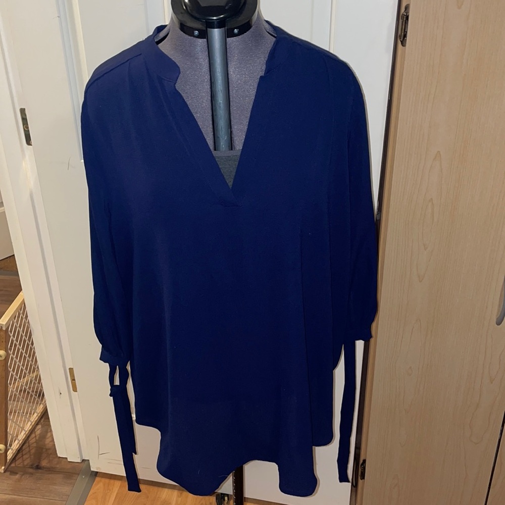 Blue Work Wear Blouse Tie Sleeves